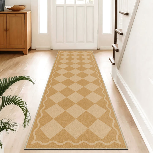 Floor Runners for Dogs,Washable & Joint-Friendly Dense Loop Pile Carpet Runners for Hallway, Kitchen, Indoor Entryway, Laundry, Checked Beige