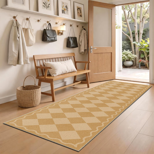 Floor Runners for Dogs,Washable & Joint-Friendly Dense Loop Pile Carpet Runners for Hallway, Kitchen, Indoor Entryway, Laundry, Checked Beige